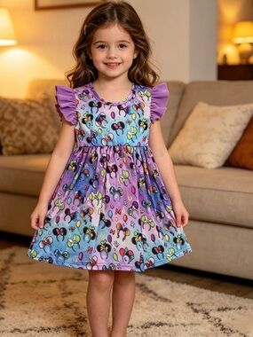 Girls Purple Character Print Bow Back Dress